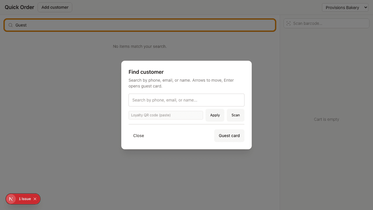 Guest search at the order pad