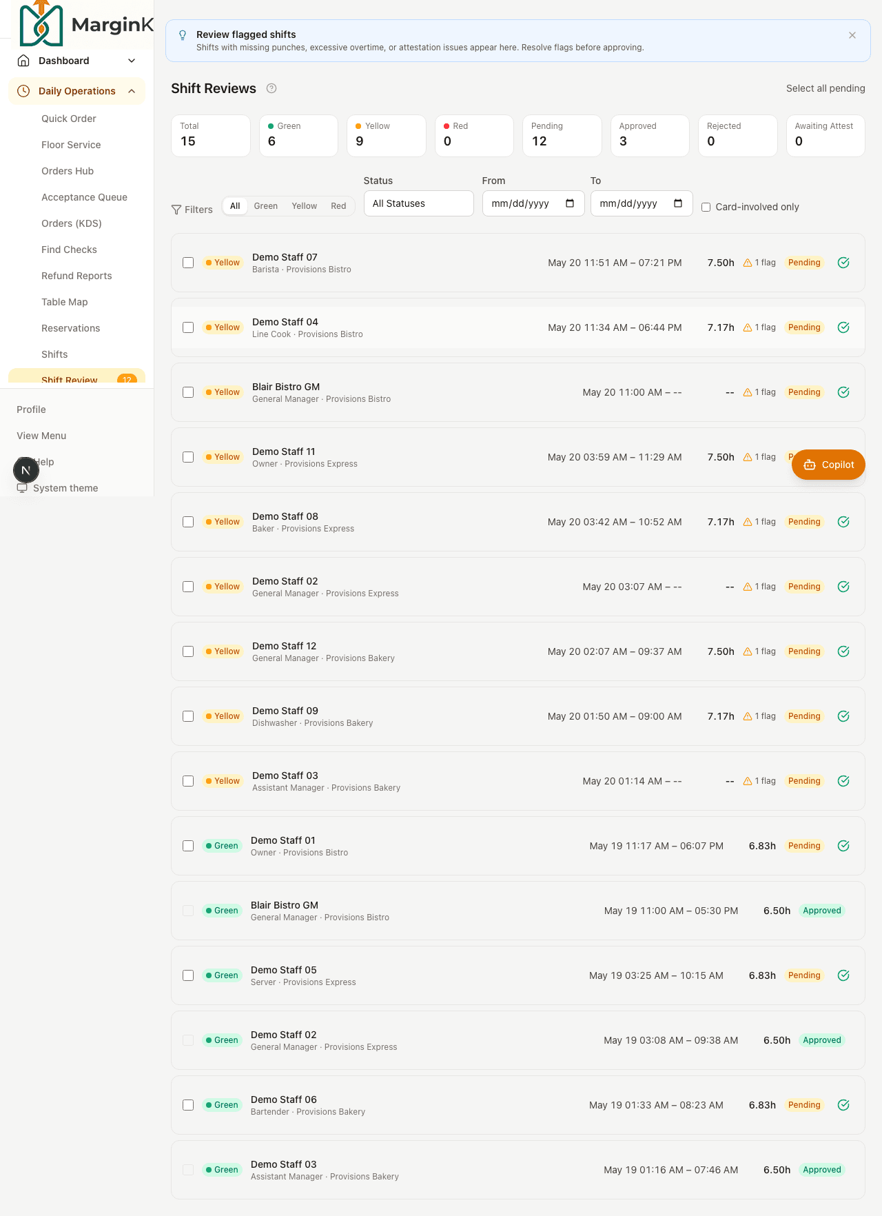 Shift review page