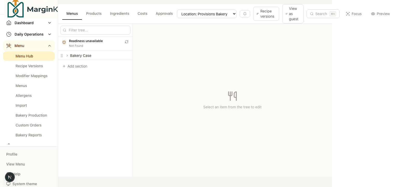 Menu hub page