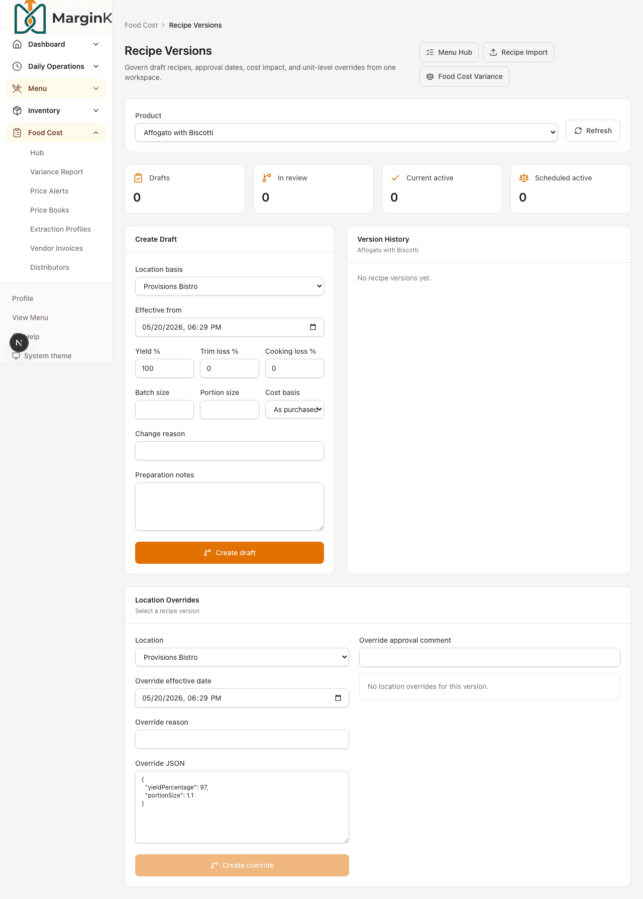 Menu availability workflow