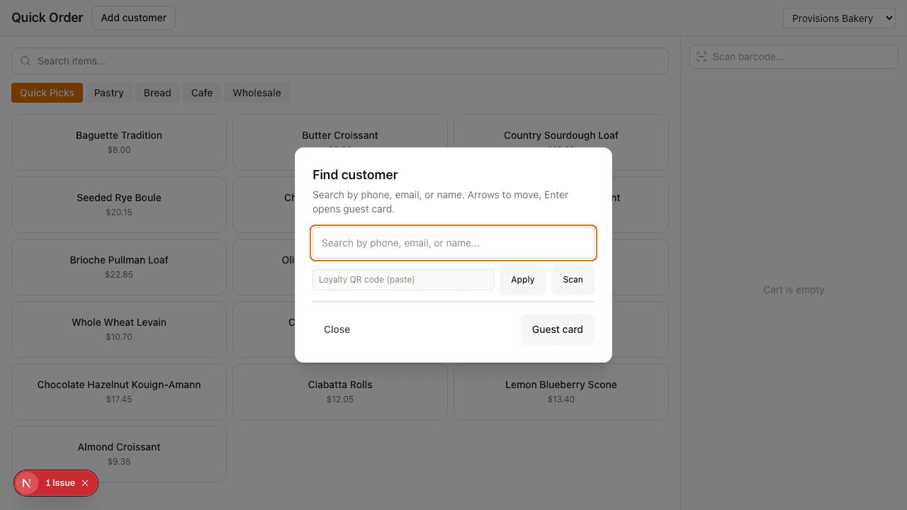 POS screen with guest context